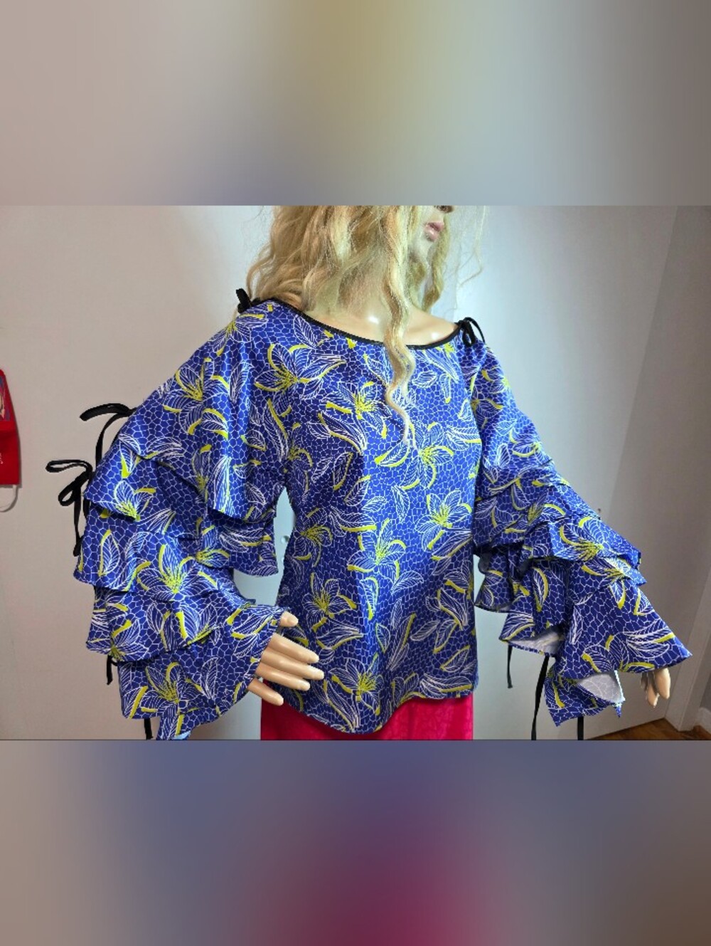 Blue Floral Ruffle Sleeve Cold-Shoulder Blouse